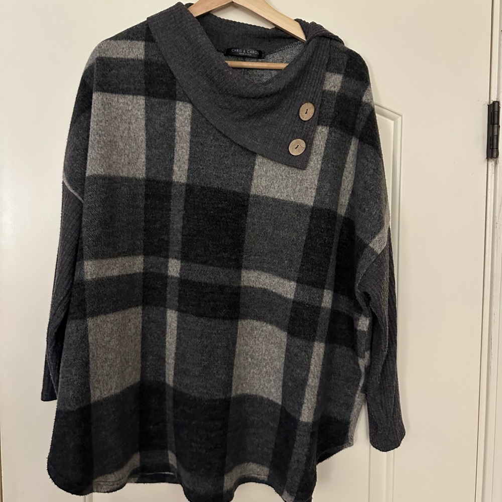 Chris & Carol Black and Gray Plaid Cowl Neck Sweater Size 1X